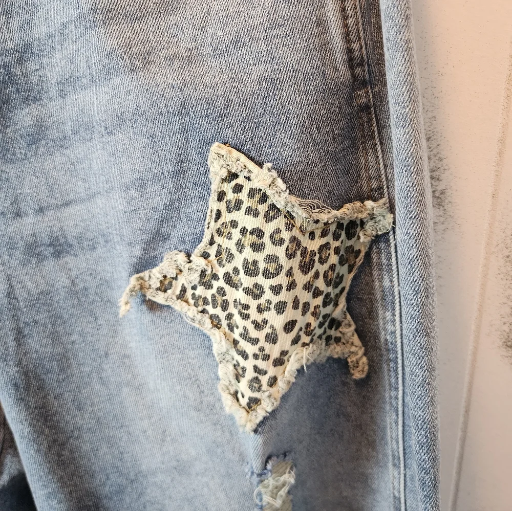 Blue Velvet Leopard Star Patch Wide-Leg Jeans